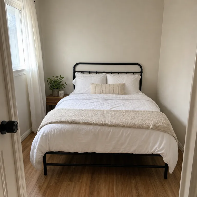 An oatmeal throw folded in a narrow strip across the foot of a white bed in a small bedroom.
