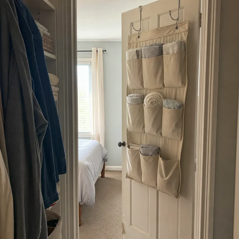 A door-hung pocket organizer stores extra pillowcases and single linens.