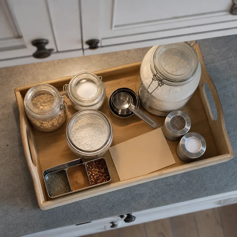 A handled tray groups ingredients and measuring tools for one baking recipe on a small kitchen counter.
