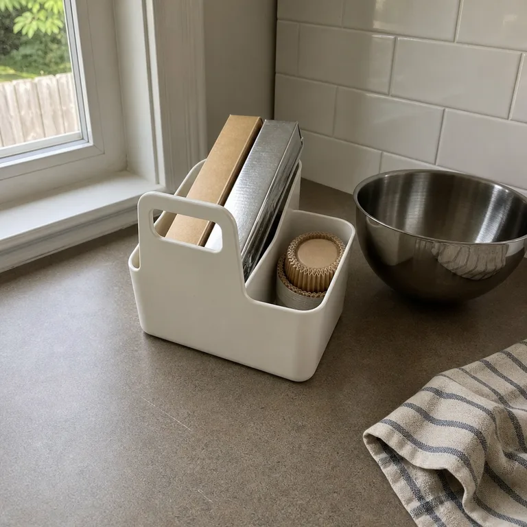 A handled kitchen caddy holding parchment, foil, and baking supplies on a counter.