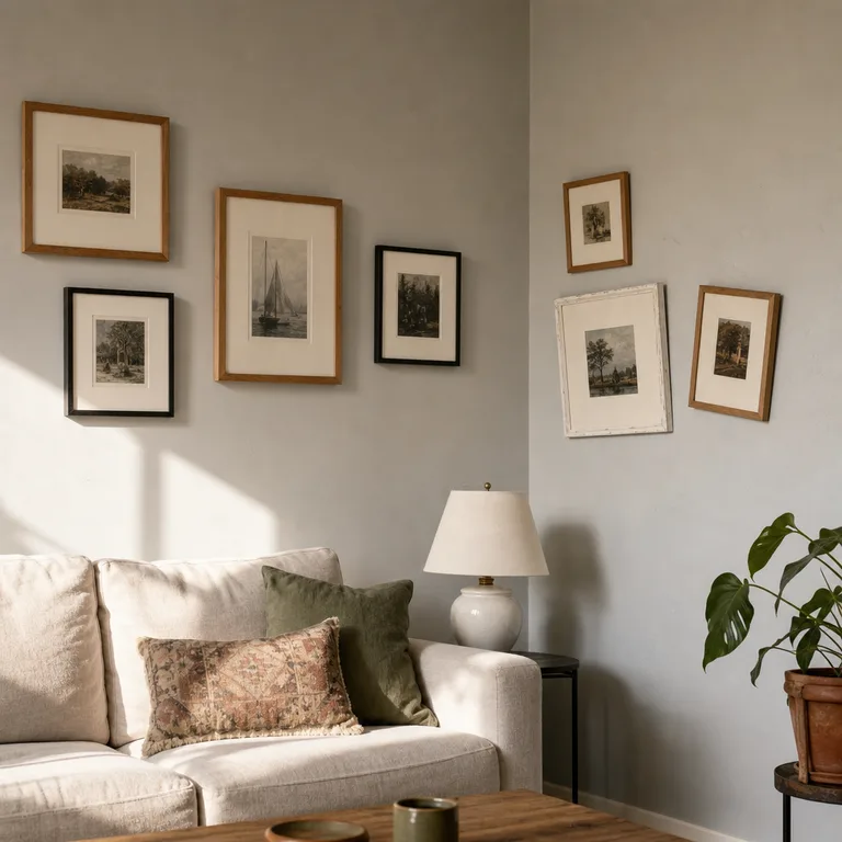 Two connected groups of mismatched frames wrap around a living-room corner.