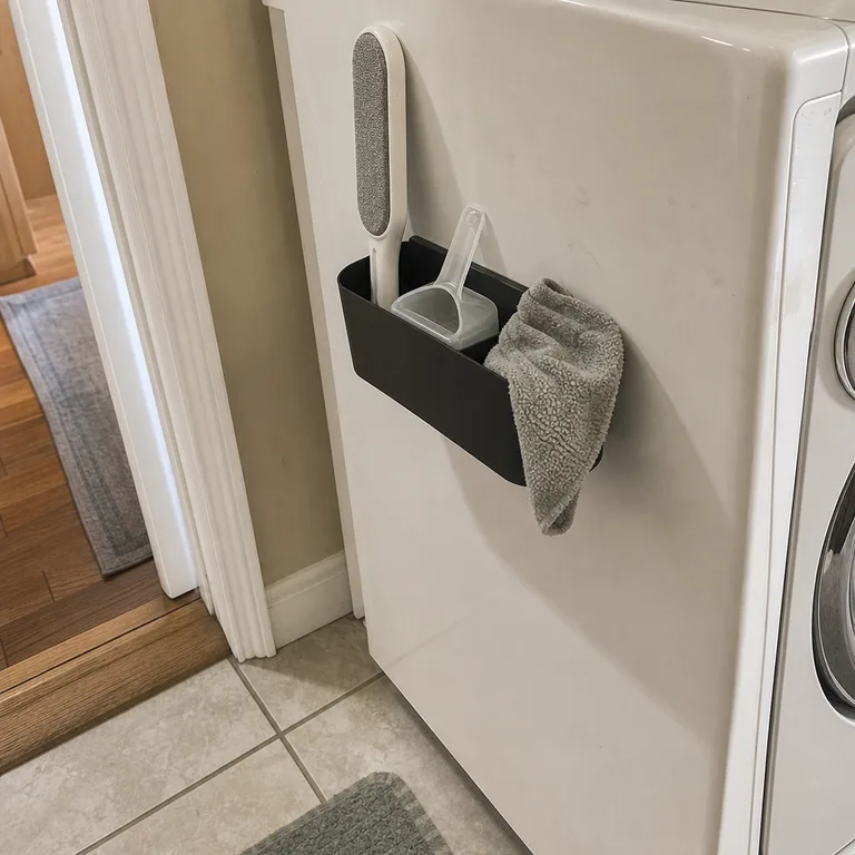 A magnetic caddy on the side of a laundry machine holds a lint brush and small laundry tools.
