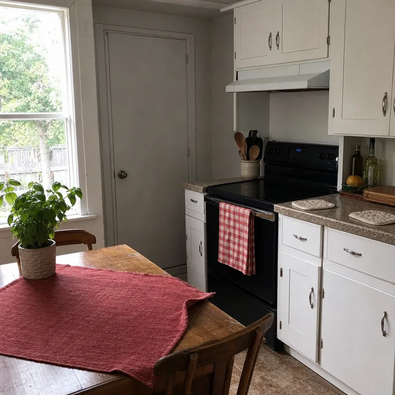 Red gingham towel, cream pot holders, and a faded red runner coordinate in a small kitchen.