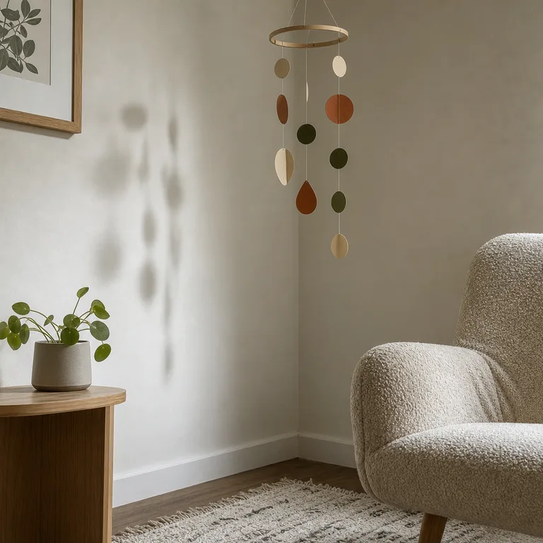 A paper ornament mobile hangs above a reading chair in a small living-room corner.