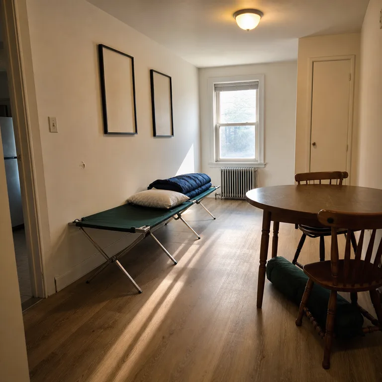 A borrowed camping cot placed along a living-room wall with a clear route between the cot and a small table.