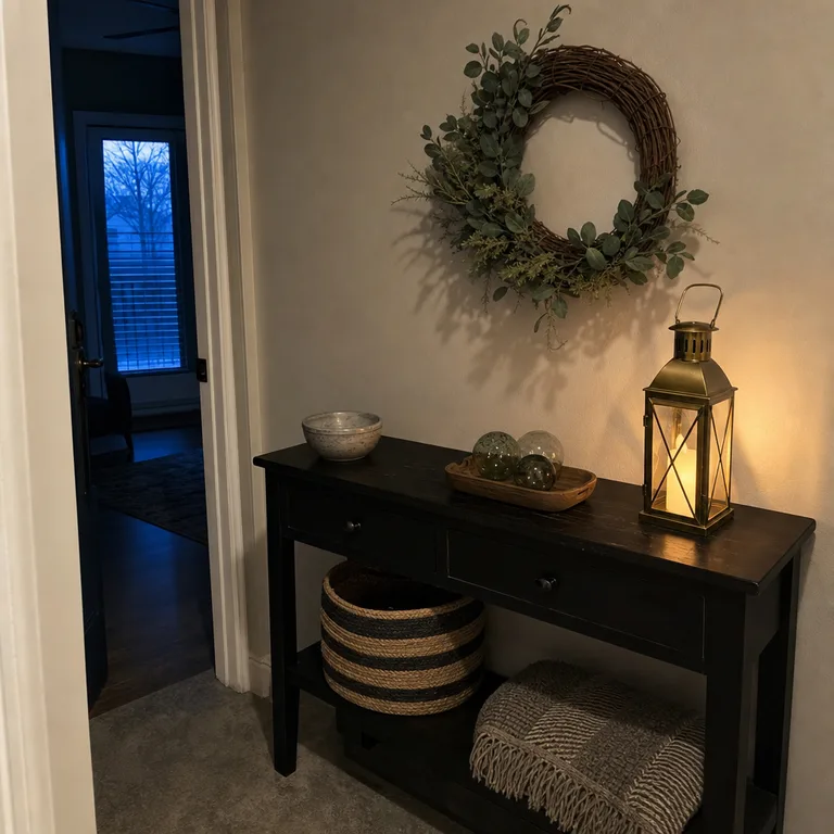 A grapevine and eucalyptus wreath hangs over a black entry console with a lantern and bowl of ornaments.