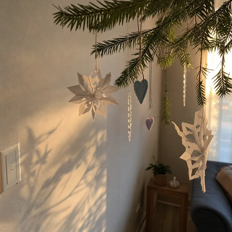 Paper snowflakes and felt ornaments hang near the tips of tree branches.