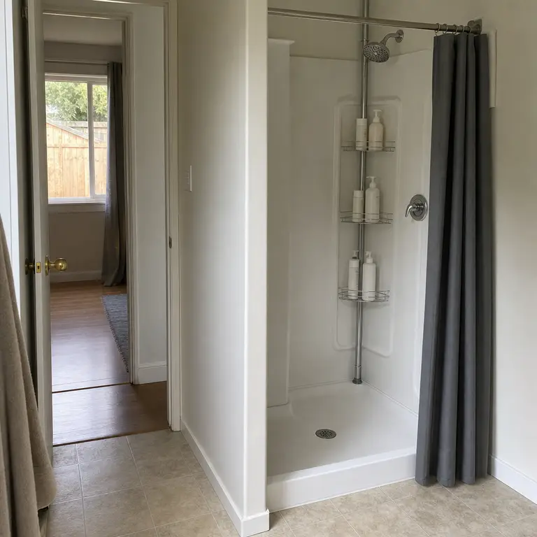 A shower caddy stores bath bottles inside the shower instead of on the floor.