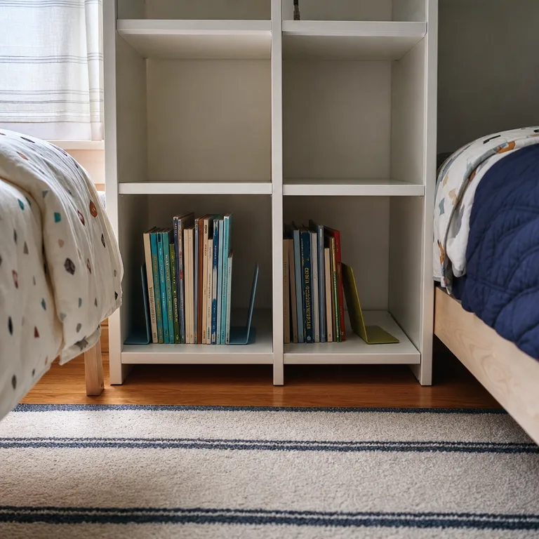 Two bookend sections on a low shelf create separate current-reading zones in a shared bedroom.