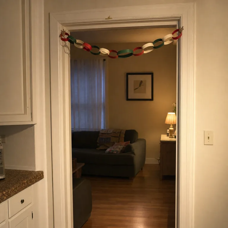 A short red, cream, and green paper chain hangs across the top of a kitchen doorway.