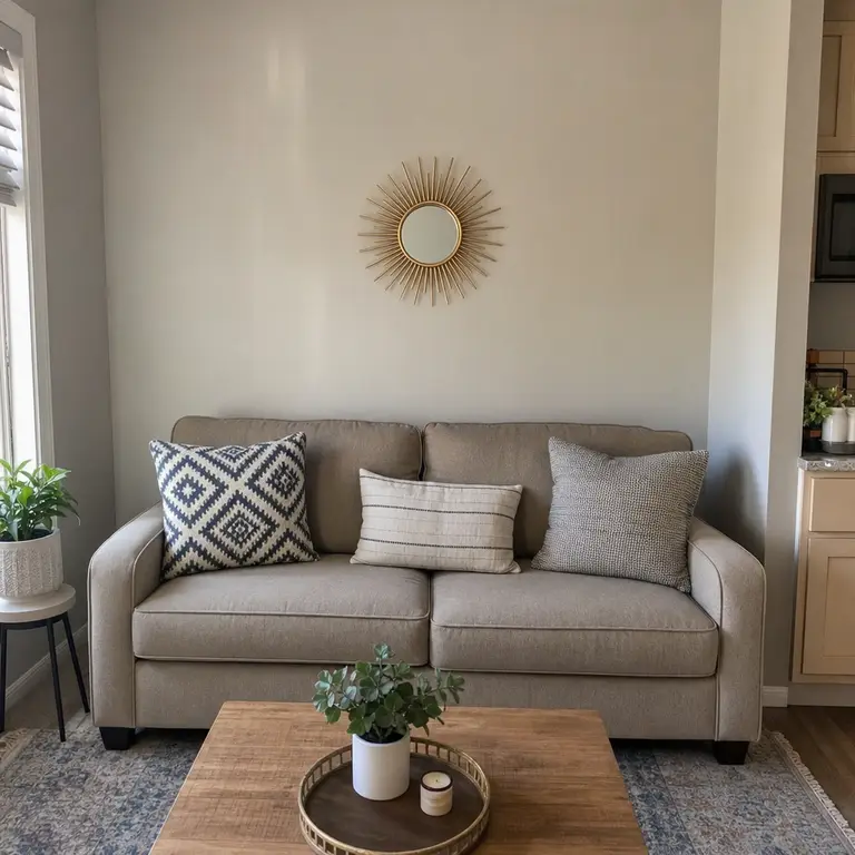 A gold-tone sunburst mirror hanging above a neutral sofa.