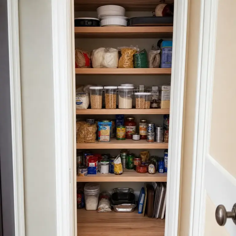 Frequently used pantry foods placed on the middle shelves of a narrow cupboard.