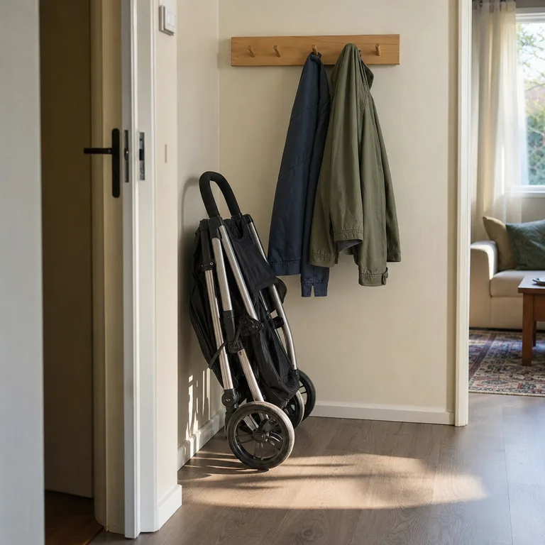 Folded stroller in an open entry corner next to, but separate from, a wall-mounted coat area.