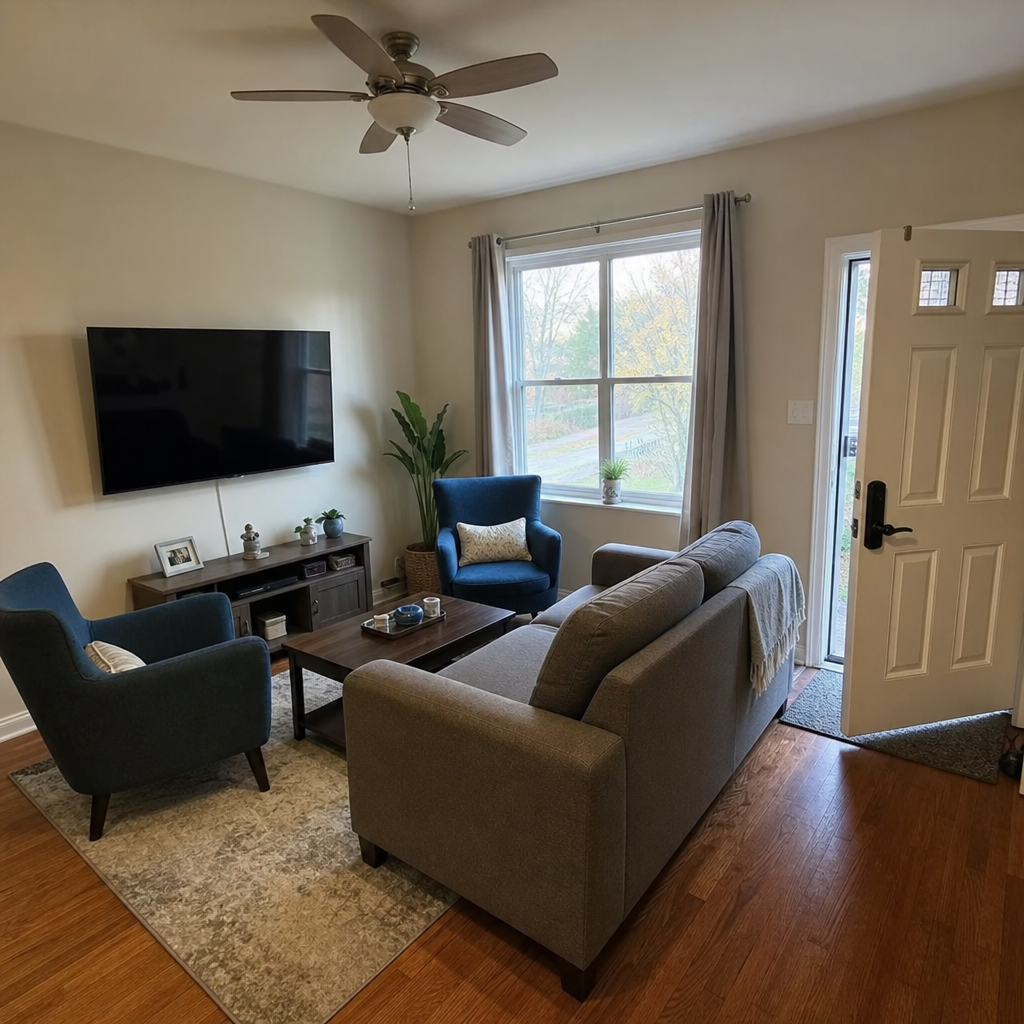 Square living room with a sofa, two small chairs, and an open path from the door.