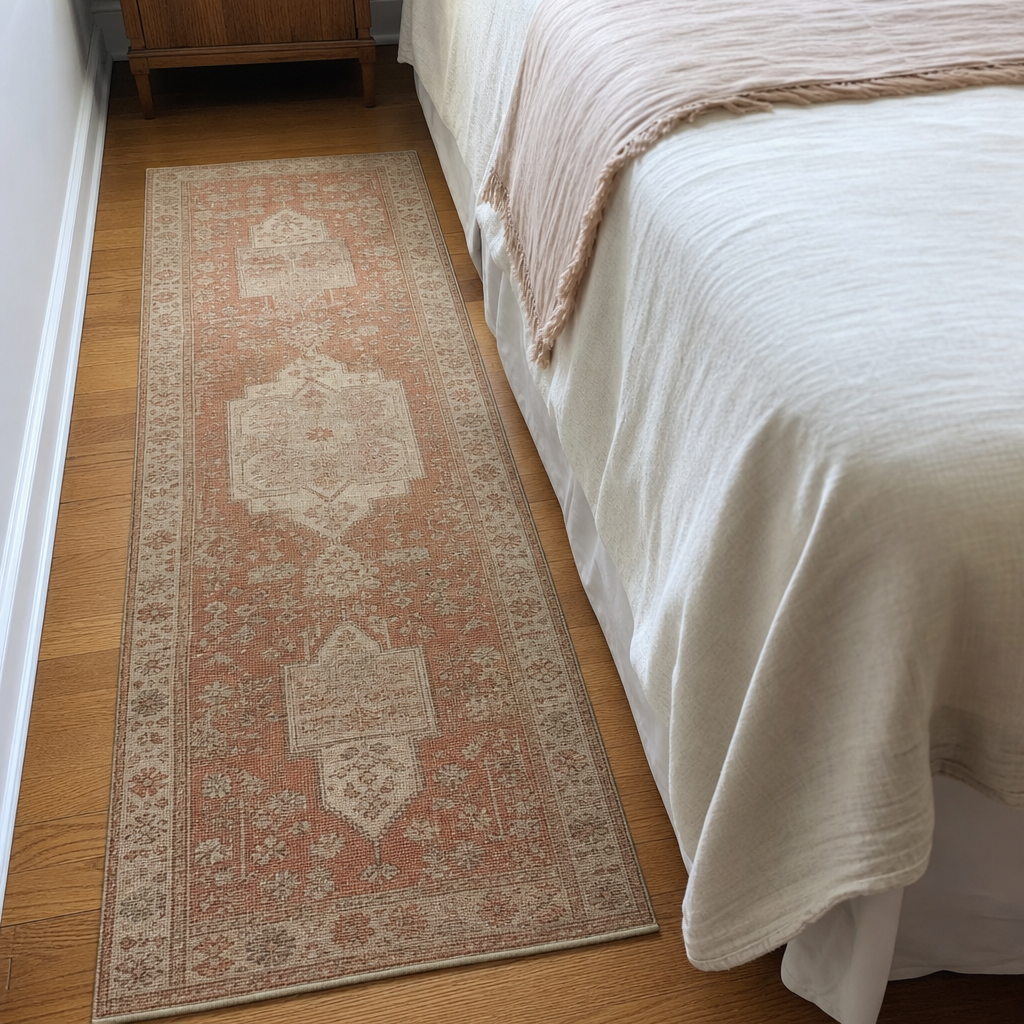Terracotta and cream runner placed along the side of a bed.