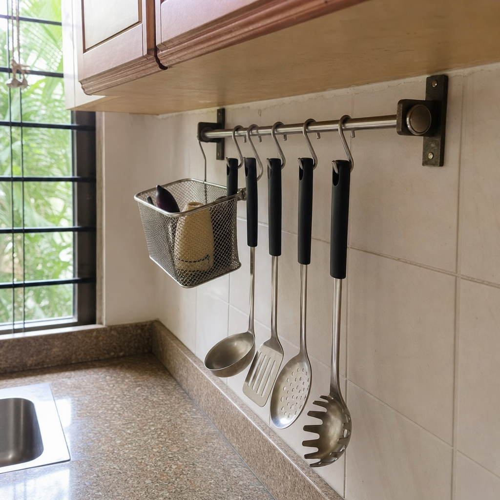 A wall rail stores cooking tools above a clear kitchen counter.