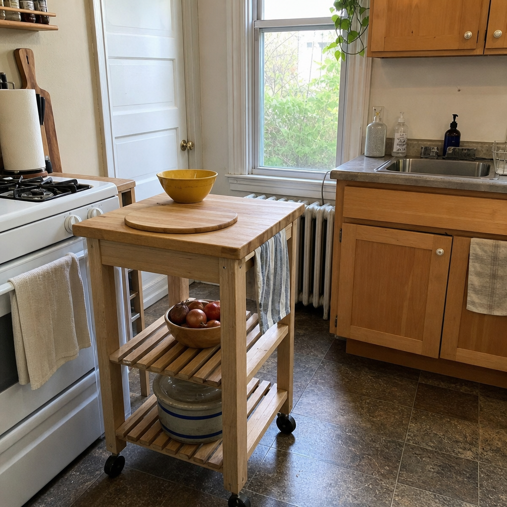 A narrow rolling cart provides extra prep space beside a small kitchen stove.