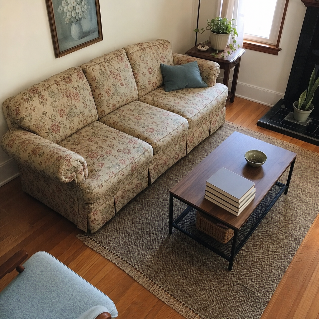 A floral sofa is paired with a black metal and wood coffee table.