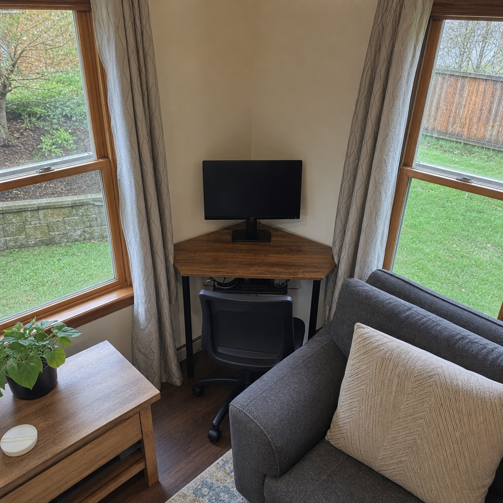 A compact corner desk positioned between two windows in a living room.