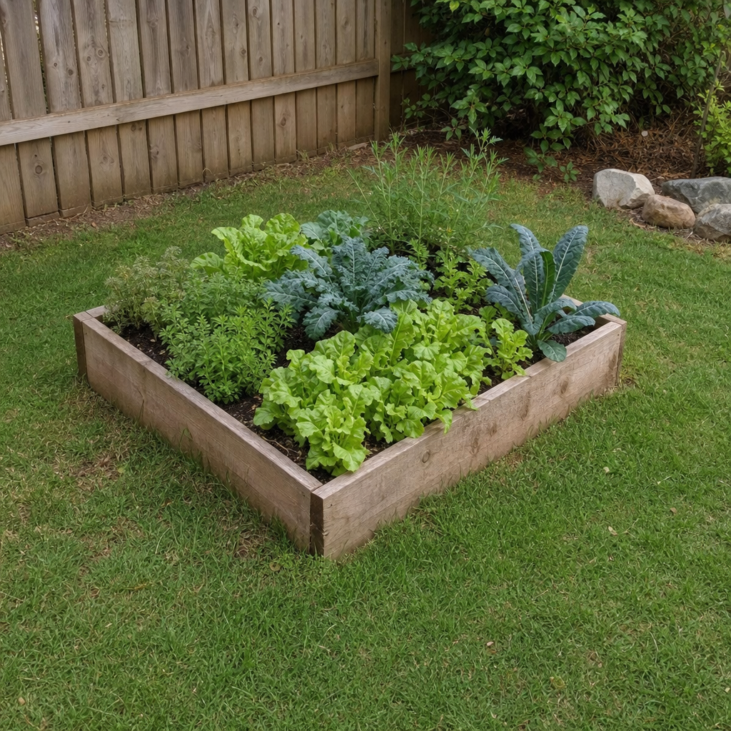 Simple raised bed planted with herbs and vegetables in a small yard.