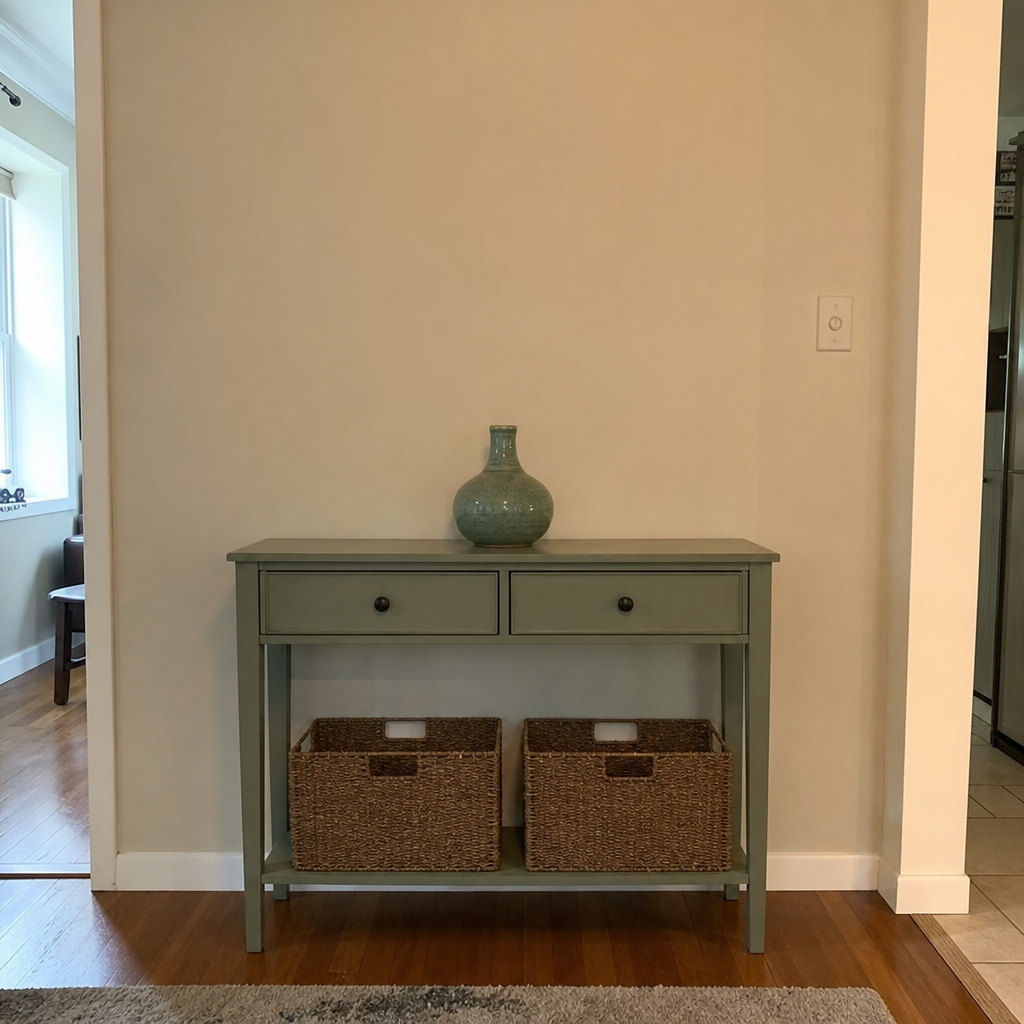 Brown storage baskets under a console with sage green decor.