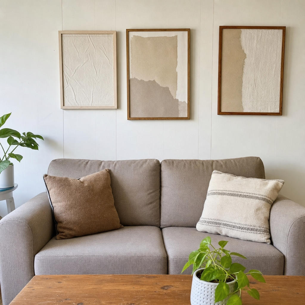 Simple framed neutral textured panels above a taupe loveseat.
