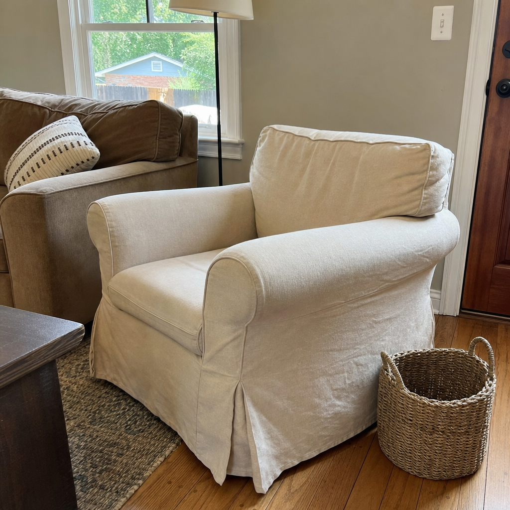 An older armchair updated with an oatmeal canvas slipcover.