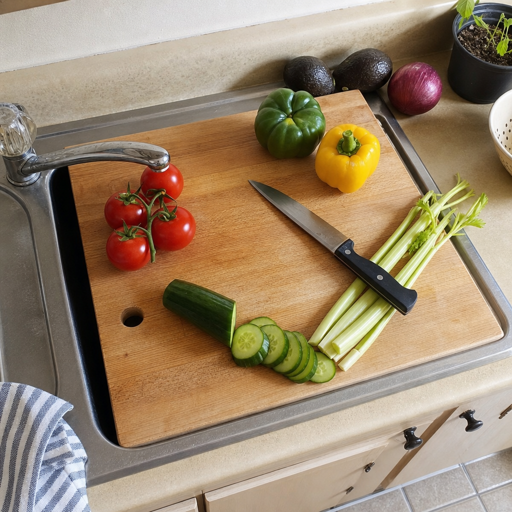 A removable board over a kitchen sink creates a temporary prep surface.
