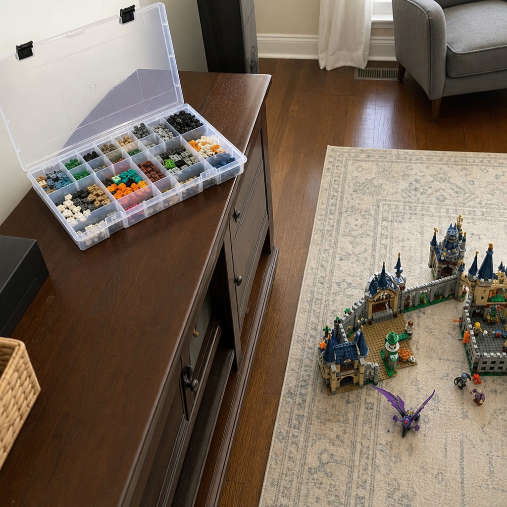 A latching organizer box for small toy pieces placed on a living room sideboard.