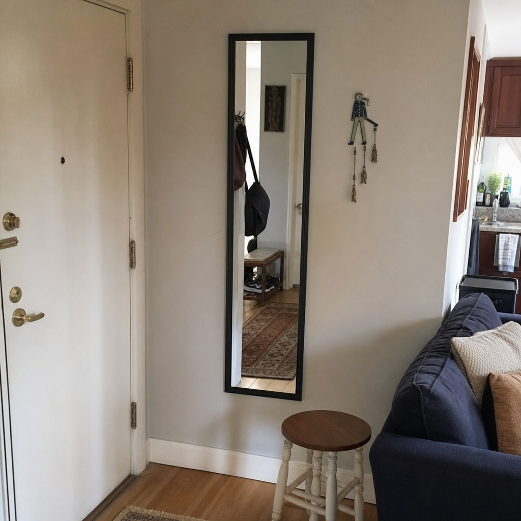 A tall mirror at the edge of a living room entry zone defines the transition from the front door.