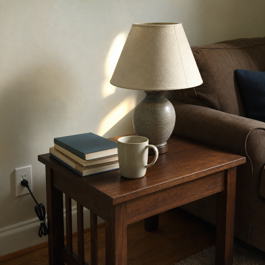 A small table lamp on a side table beside a living room sofa.