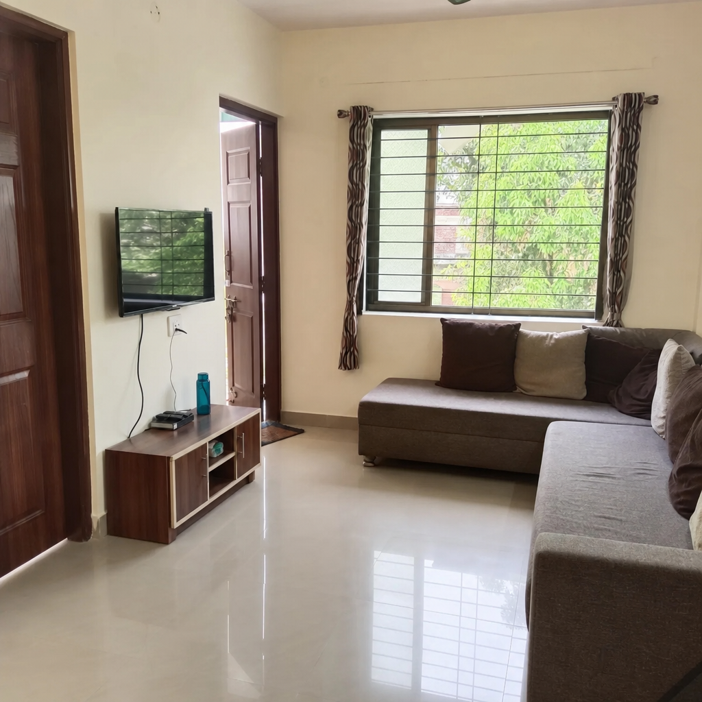 Small living room with a low sofa under the window and television opposite.