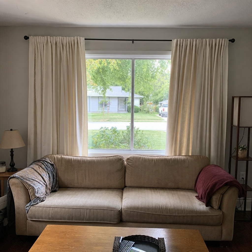 Wide curtain panels with soft full folds across a living-room window.