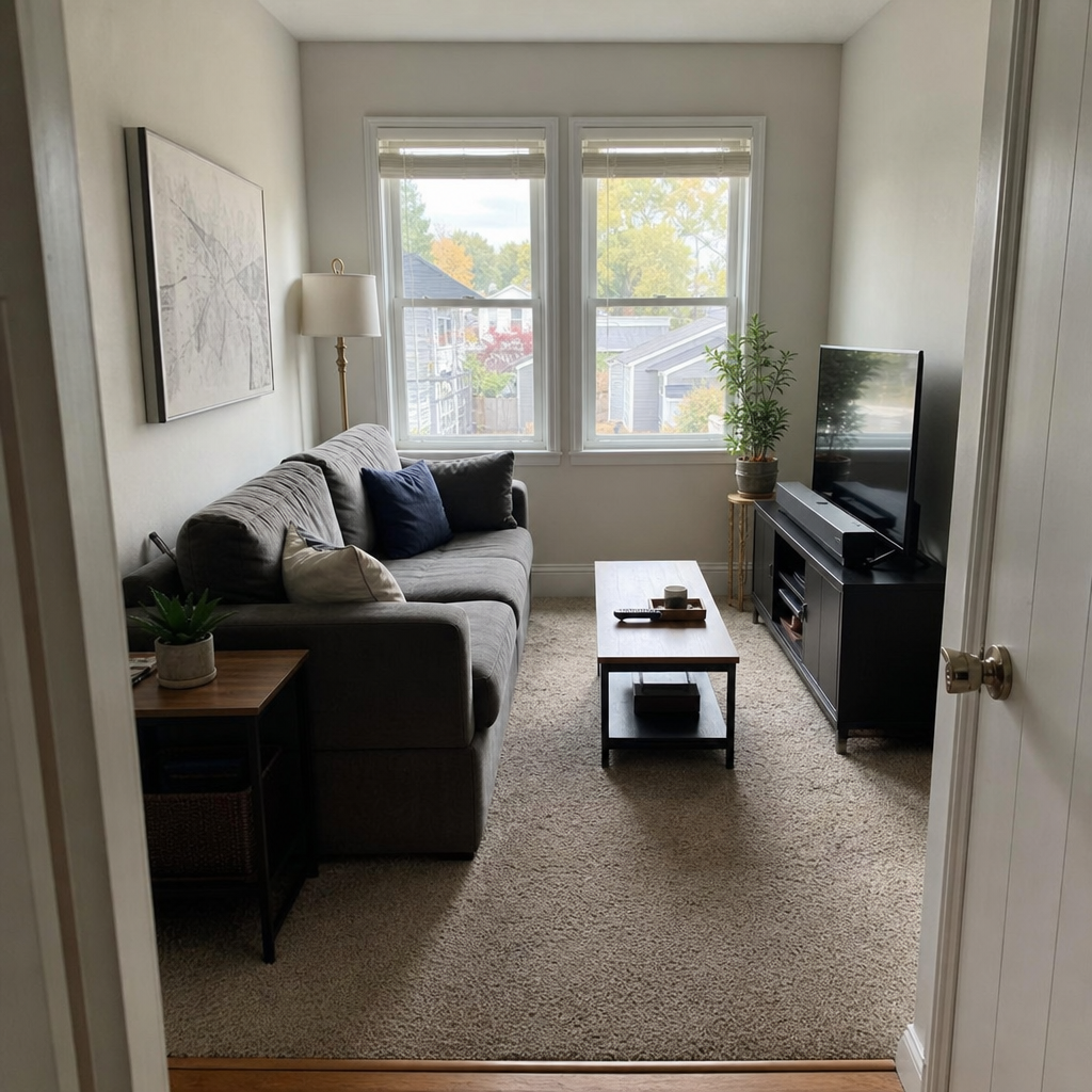Narrow living room with a sofa facing the TV and a clear walkway beside it.