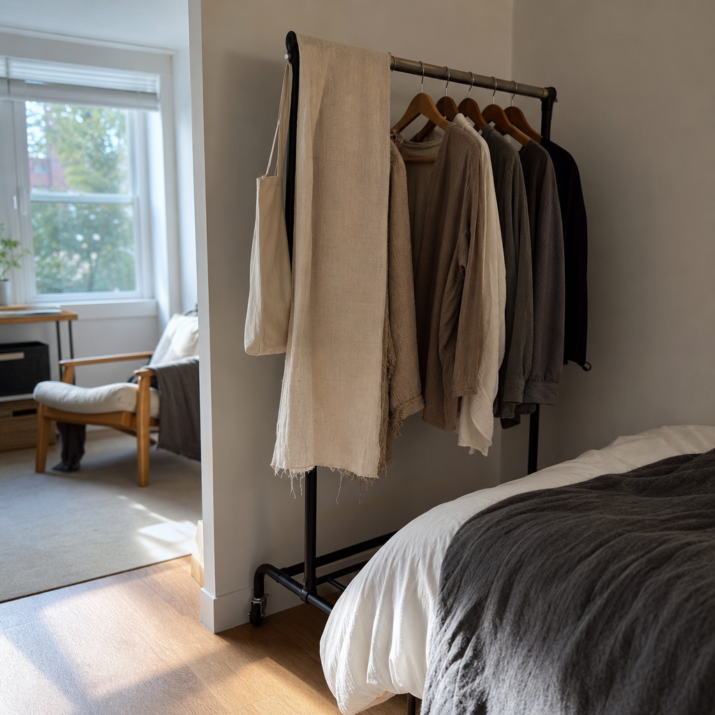 Rolling garment rack used as a lightweight divider beside a studio bed.