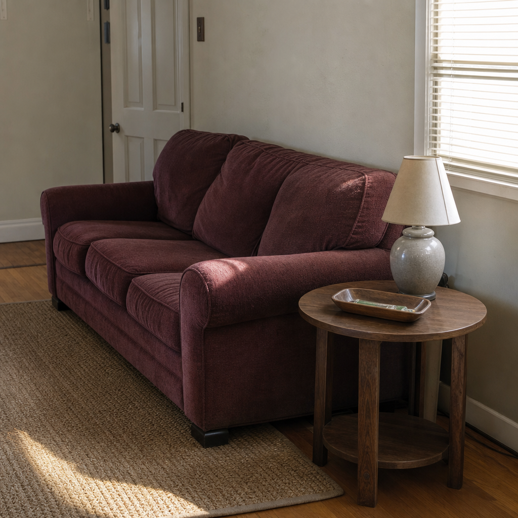 A compact wood side table and lamp sit beside a burgundy sofa.