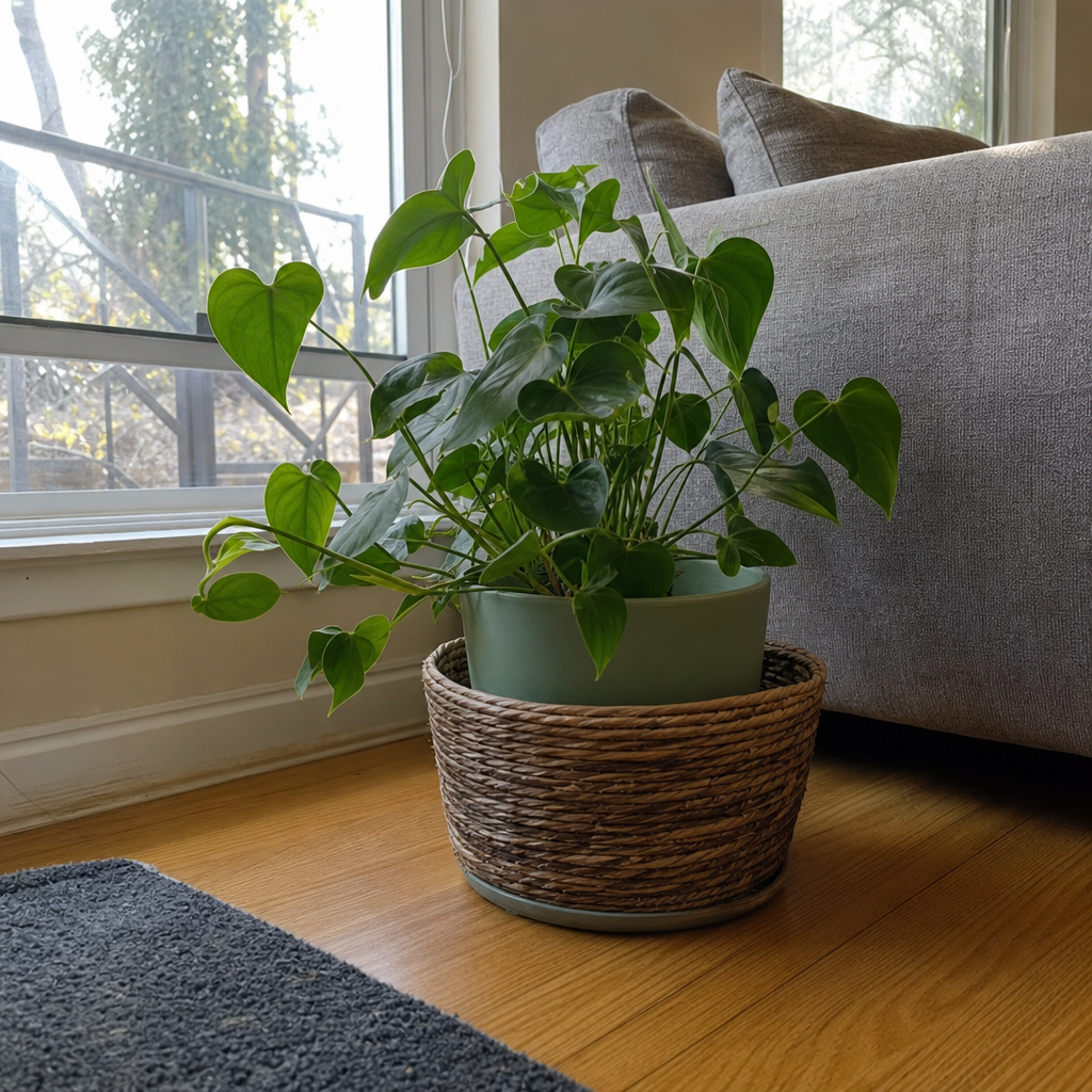 Houseplant in a sage planter inside a brown woven basket.