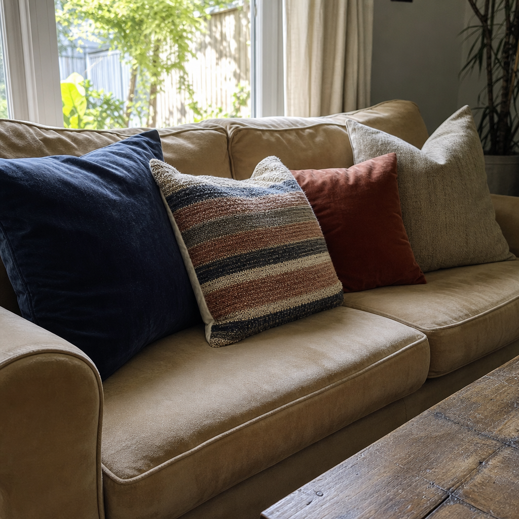 A worn beige sofa has cushions in navy, clay, and cream textures.