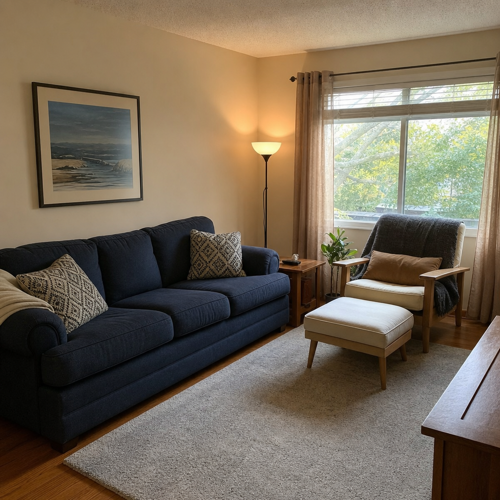 A cream reading chair and floor lamp complement an older navy sofa.