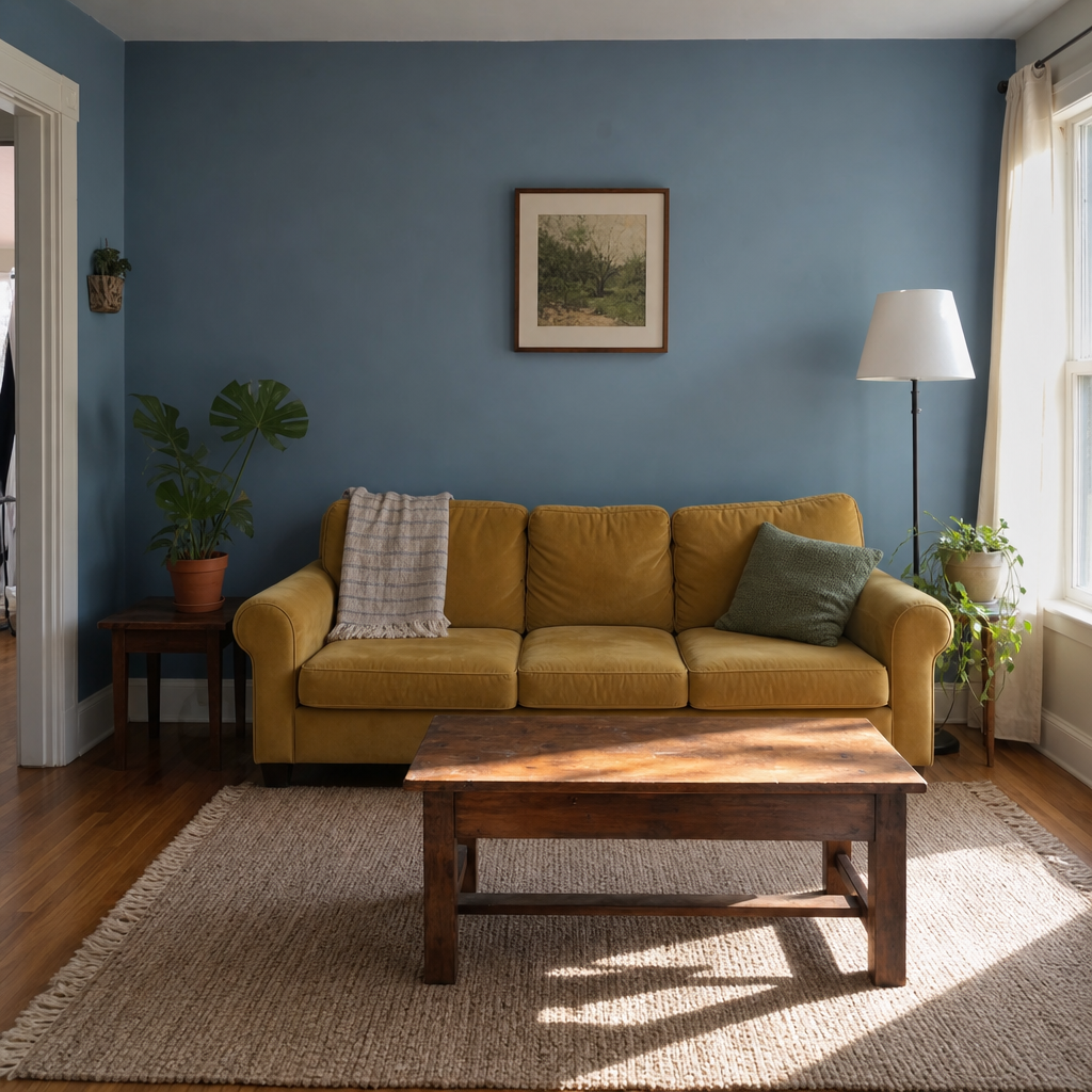 A mustard yellow sofa stands out against a dusty blue focal wall.