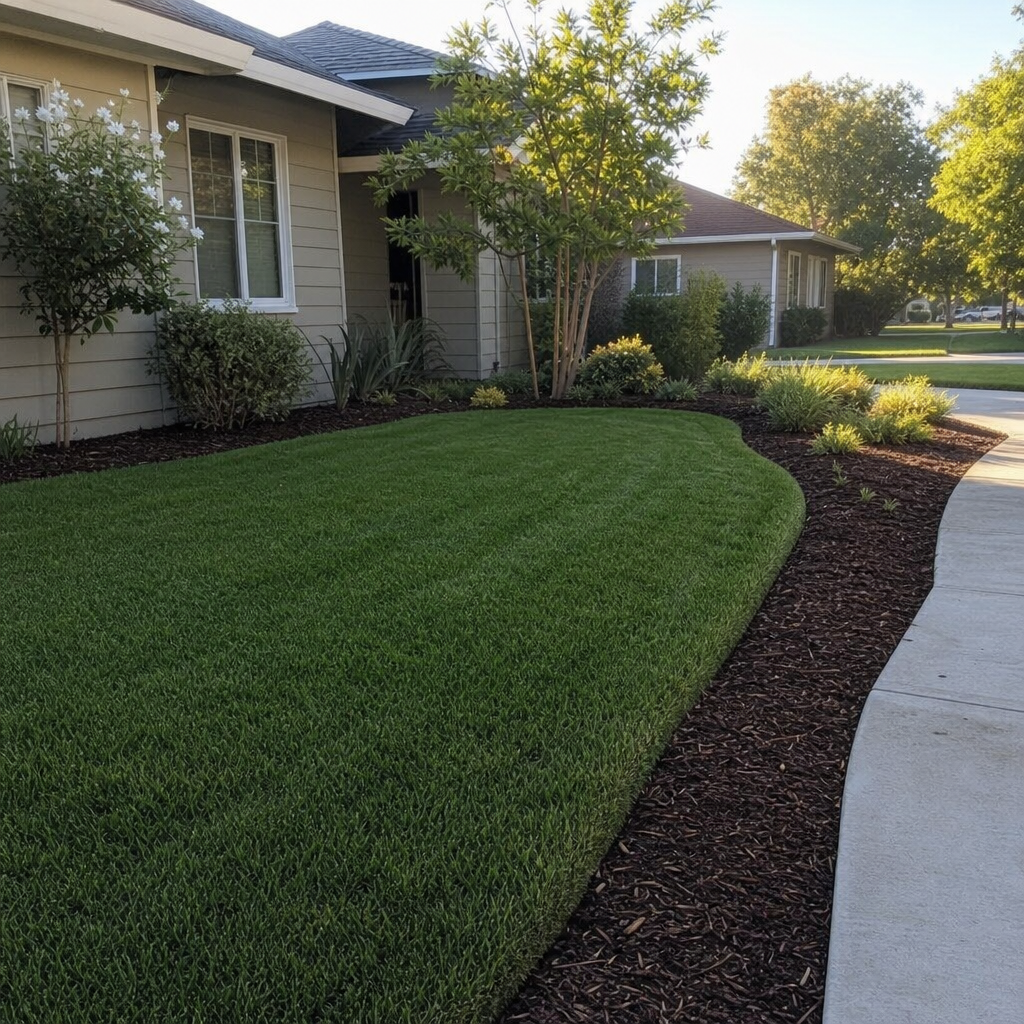 Crisp lawn edges beside a mulch bed and concrete walkway.