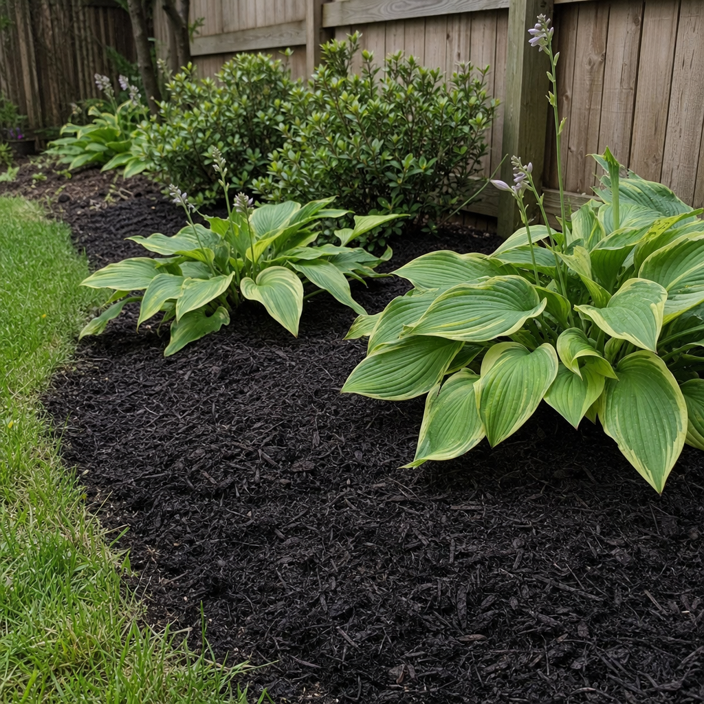 Fresh mulch covering a small backyard bed around established plants.