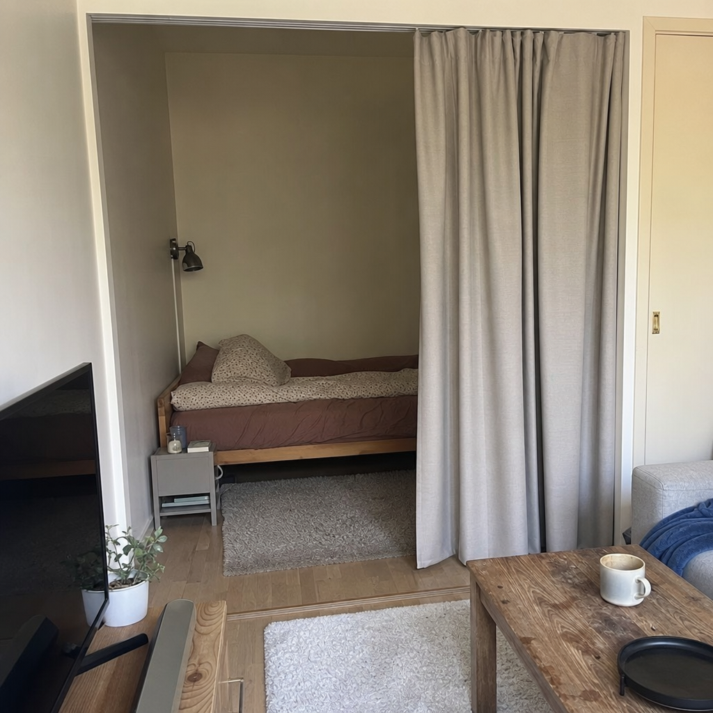 Curtain partially drawn across a bed alcove in a studio apartment.