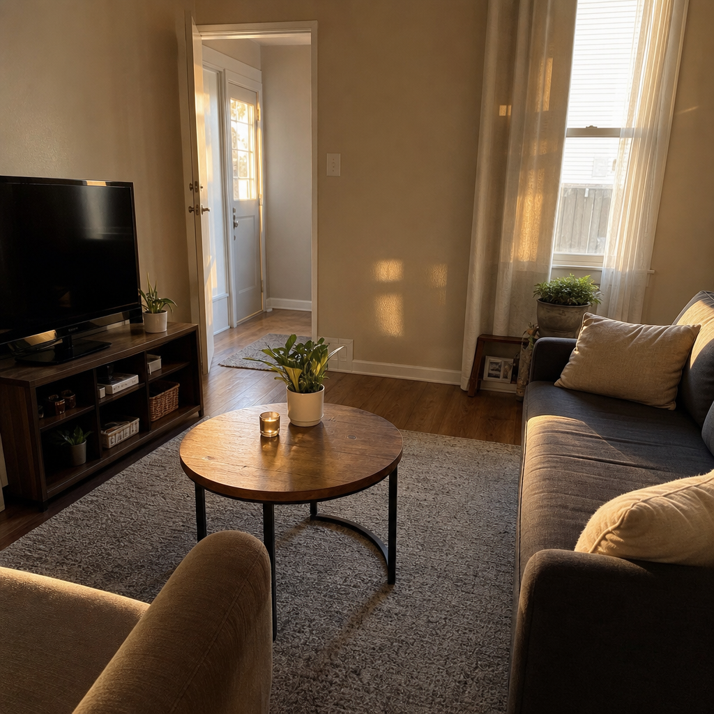 Round coffee table leaves an easy route between the sofa and door.