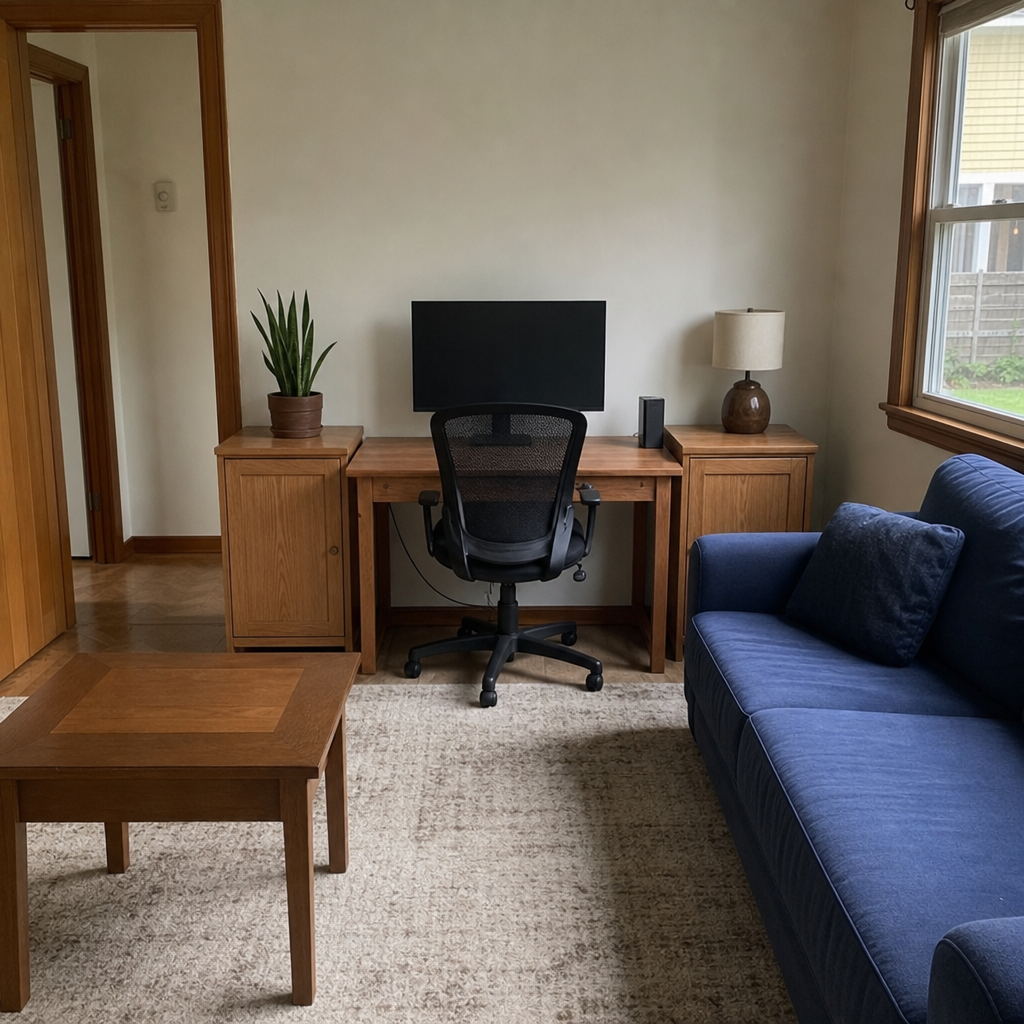 A compact desk between two low storage cabinets in a small living room.