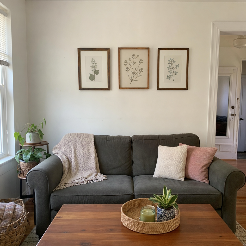 Sage botanical wall art in brown wood frames above a sofa.