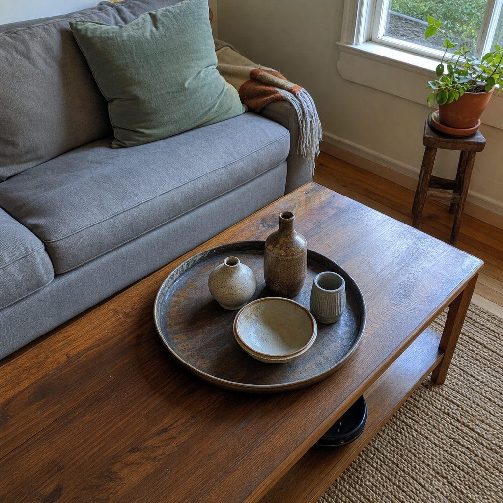 Mismatched thrifted ceramics grouped together on a large coffee-table tray.