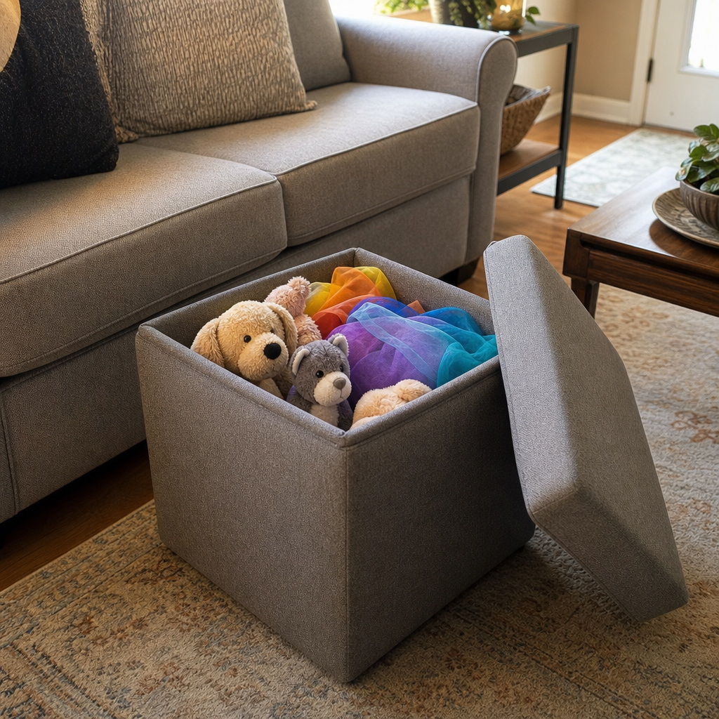 A soft upholstered storage ottoman holding stuffed animals in a living room.