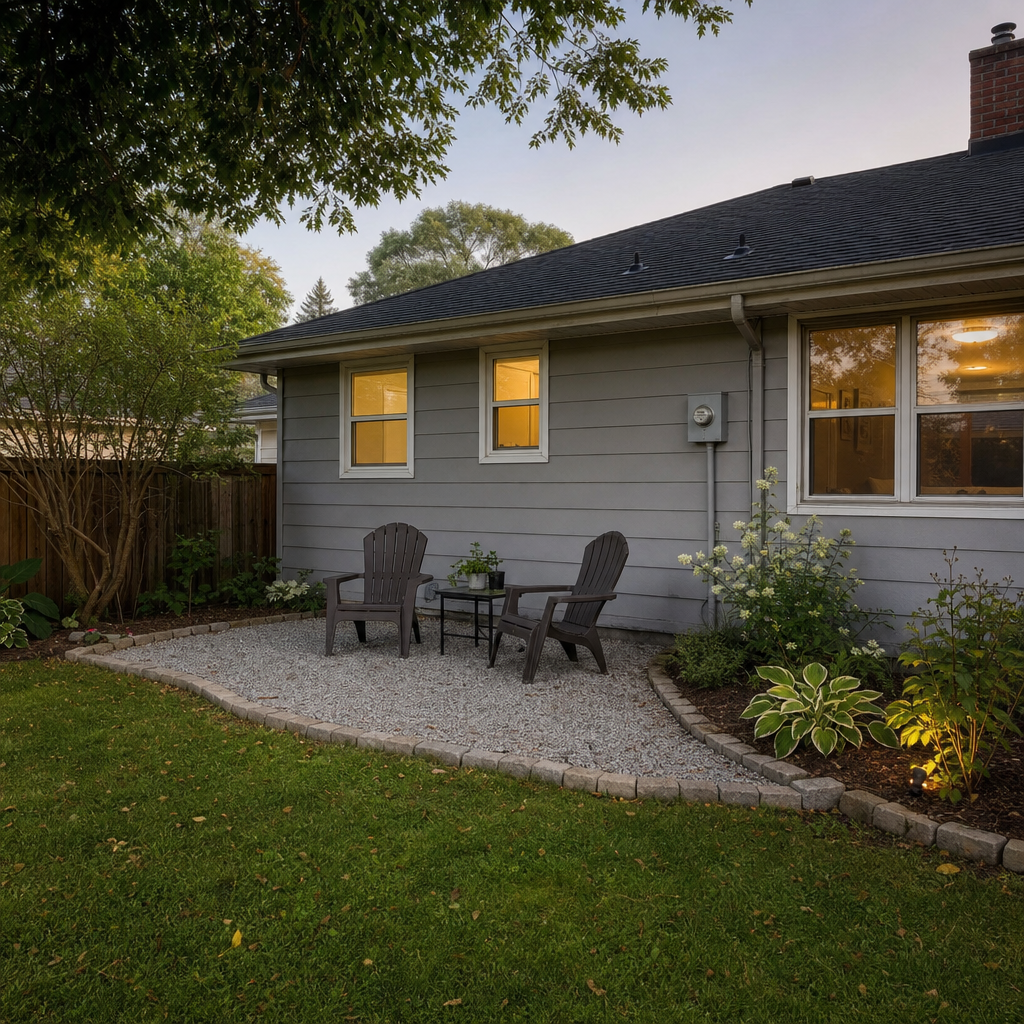 Small gravel patio with two chairs in a modest backyard.