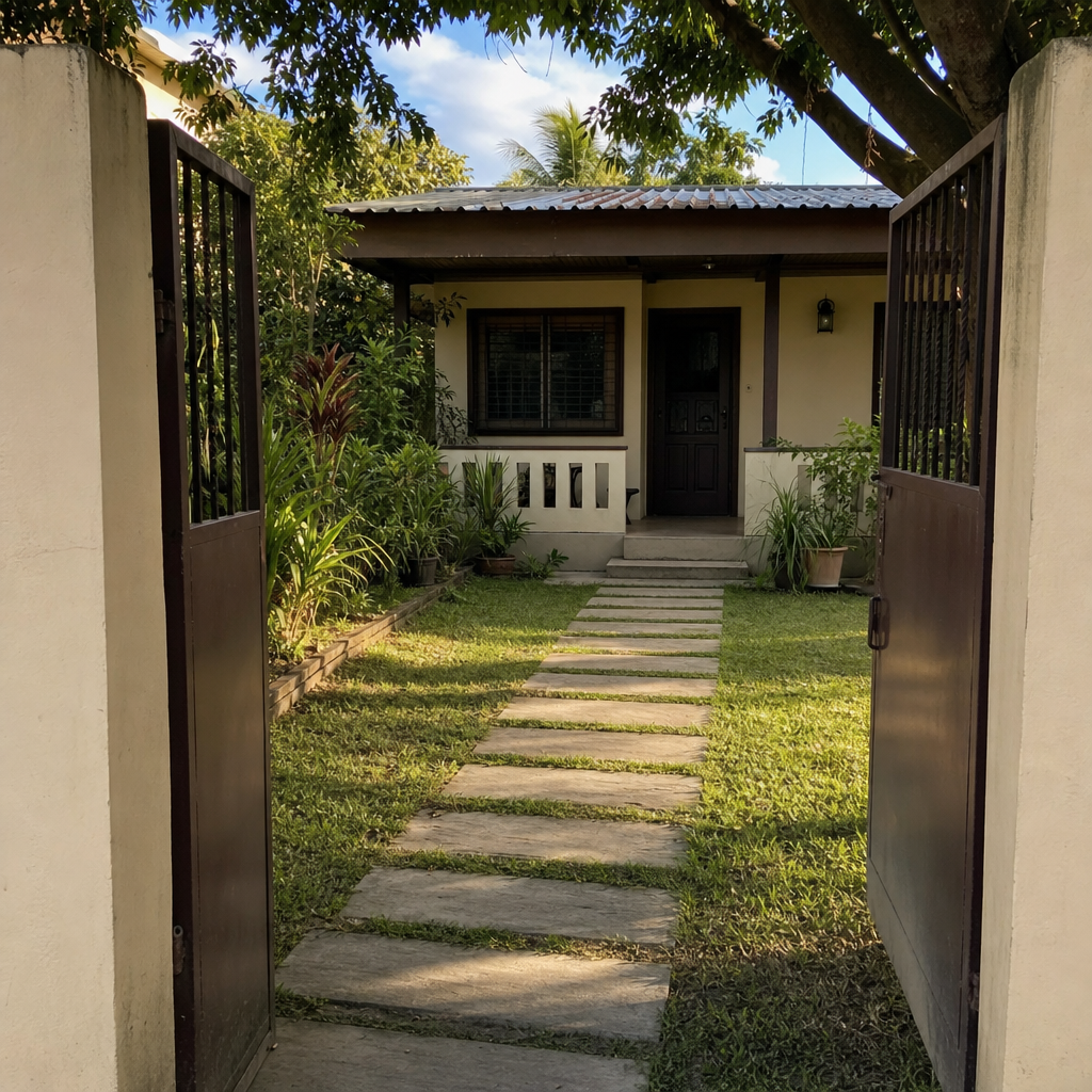 Stepping-stone path leading across a small front lawn to a porch.